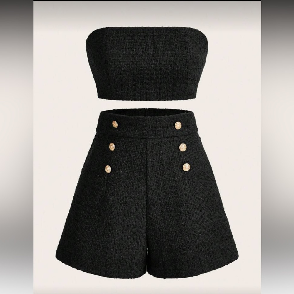 Elegant Black Women's Tweed Shorts & Bandeau Set